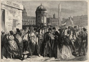 Rivoluzione di settembre 1868 in Spagna (Gloriosa): lettura del manifesto della giunta, nella via di Alcalá a Madrid. Incisione in "L