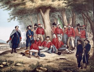 Risorgimento: il patriota italiano Giuseppe Garibaldi ferito ad Aspromonte, il 29/08/1862, viene trasportato dai soldati da Unknown artist