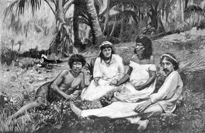 Robert Louis Stevenson (1850 - 1894) con sua moglie a Samoa dove aveva la sua residenza pubblicata a Vailima. Incisione intorno al 1890-1895. da Unknown artist