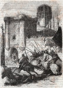 Rodomonte sfonda le porte del Palazzo a Parigi - incisione del 1851 da "Orlando furioso" (XVI secolo) di Ludovico Ariosto, edizione tradotta dall