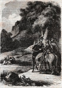 Ruggero, Marfisa e le tre donne - incisione del 1851 da "Orlando furioso" (XVI secolo) di Ludovico Ariosto, edizione tradotta dall