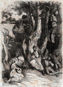 Orlando e i sette briganti della caverna - incisione del 1851 da "Orlando furioso" (XVI secolo) di Ludovico Ariosto, noto come l