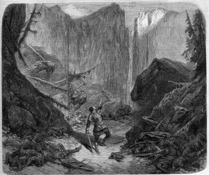 Rolando che soffia nel suo corno alla Battaglia di Roncisvalle il 15 agosto 778. Disegno di Alphonse de Neuville (1836-1885) per l