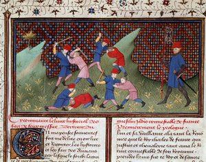 Romanzo di Ogier il Danese: il combattimento con la mano e con il bastone, miniatura tratta da 