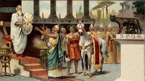 Sistema politico romano. Il re: Numa Pompilio, leggendario re di Roma (-715, -672), che affida lo scudo sacro ai sacerdoti Salii. Cromolitografia della fine del XIX secolo.