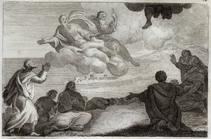 Bibbia di Royaumont, Nuovo Testamento: Ascensione di Gesù Cristo. Cristo viene preso dal Cielo e benedice gli Apostoli prima di scomparire in una nuvola. Illustrazione del 1811. da Unknown artist
