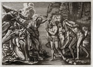 Bibbia di Royaumont, Nuovo Testamento: Battesimo di Gesù Cristo. San Giovanni Battista battezza Gesù Cristo nelle acque del fiume Giordano. Illustrazione del 1811. da Unknown artist