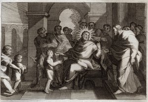 Bibbia di Royaumont, Nuovo Testamento: Bambino modello di umiltà. Gesù Cristo propone ai suoi discepoli un bambino come modello del cristiano umile. Illustrazione del 1811. da Unknown artist