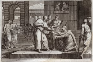 Bibbia di Royaumont, Nuovo Testamento: Cornelio battezza. Cornelio il centurione riceve la fede di Gesù Cristo, e viene battezzato da San Pietro. Illustrazione del 1811 da Unknown artist