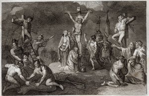 Bibbia di Royaumont, Nuovo Testamento: Crocifissione di Gesù Cristo. La Vergine Maria, Santa Maria Maddalena e San Giovanni ai piedi della croce, San Longino il Centurione (San Longino) con la sua lancia, soldati che giocano la tunica di Cristo. Ai lati, r da Unknown artist