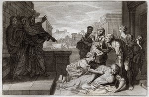 Bibbia di Royaumont, Nuovo Testamento: Morte di Anania e sua moglie Saffira davanti a San Pietro e San Giovanni. Illustrazione del 1811. da Unknown artist