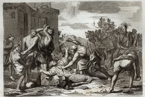 Bibbia di Royaumont, Nuovo Testamento: Morte di Santo Stefano, primo martire cristiano, per lapidazione. Illustrazione del 1811. da Unknown artist