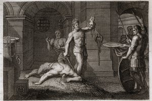 Bibbia di Royaumont, Nuovo Testamento: Decollazione di San Giovanni Battista. Gli si mette la testa su un piatto. Illustrazione del 1811 da Unknown artist