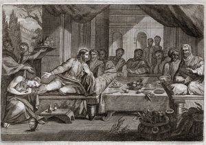 Bibbia di Royaumont, Nuovo Testamento: Cena a casa di Simone il Fariseo. Maria Maddalena va a piangere ai piedi di Gesù Cristo a casa di Simone il Fariseo e ottiene il perdono dei suoi peccati. Illustrazione del 1811 da Unknown artist