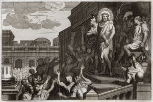Bibbia di Royaumont, Nuovo Testamento: Ecce homo. Ponzio Pilato (Pontius Pilatius) presenta Gesù Cristo con le spine alla folla dicendo, “Ecco l