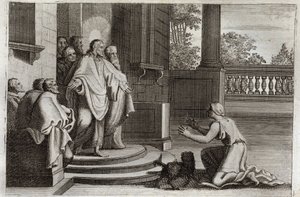 Bibbia di Royaumont, Nuovo Testamento: Gesù Cristo e la moglie di Canaan (La Cananea o la donna straniera). Una contadina chiede al Signore aiuto per guarire sua figlia. Cristo le risponde: “Sono stato inviato solo alle pecore perdute della casa d