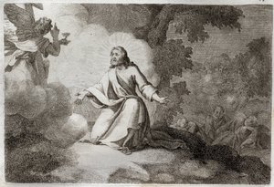 Bibbia di Royaumont, Nuovo Testamento: Gesù Cristo nel Giardino (preghiera sul Monte degli Ulivi). Un angelo che tiene un calice appare a Gesù. Gli apostoli San Pietro, San Giovanni e San Giacomo dormono. Illustrazione del 1811. da Unknown artist