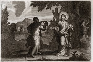 Bibbia di Royaumont, Nuovo Testamento: Gesù Cristo nel deserto. Gesù è condotto nel deserto. Digiuna quaranta giorni e quaranta notti. È tentato dal demonio che lo invita a trasformare le pietre in pane. Illustrazione del 1811 da Unknown artist