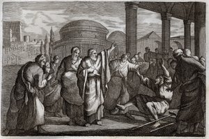 Bibbia di Royaumont, Nuovo Testamento: Guarigione dello zoppo. San Paolo guarisce uno zoppo e ferma un popolo che voleva sacrificargli come un dio. Illustrazione del 1811. da Unknown artist