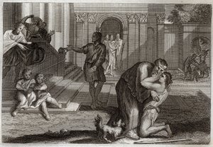 Bibbia di Royaumont, Nuovo Testamento: Parabola del Figliol Prodigo. Il figlio ritorna a casa dopo aver perso tutti i suoi beni. Viene a chiedere perdono a suo padre. Illustrazione del 1811. da Unknown artist
