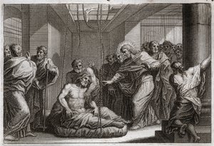 Bibbia di Royaumont, Nuovo Testamento: Paralitico. Gesù Cristo chiama San Matteo e guarisce un paralitico a Cafarnao. Illustrazione del 1811. da Unknown artist