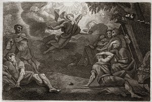 Bibbia di Royaumont, Nuovo Testamento: Pastori alla mangiatoia. Un Angelo annuncia la nascita di Gesù Cristo ai pastori (Annunciazione ai pastori). Illustrazione del 1811. da Unknown artist