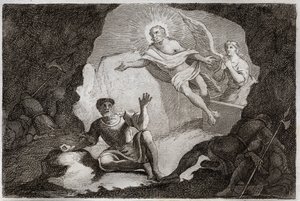 Bibbia di Royaumont, Nuovo Testamento: Resurrezione. Gesù Cristo risorge dalla sua tomba sotto lo stupore dei soldati romani che si erano addormentati. Illustrazione del 1811 (incisione) da Unknown artist