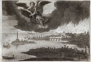 Bibbia di Royaumont, Nuovo Testamento: Rovina di Babilonia. Babilonia in fiamme, un angelo getta una pietra nel mare, simbolizzando la distruzione di questa città durante l