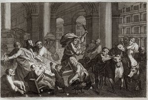 Bibbia di Royaumont, Nuovo Testamento: Cacciata dei venditori dal Tempio. Gesù Cristo scaccia dal Tempio coloro che lo profanavano con il commercio. Illustrazione del 1811. da Unknown artist