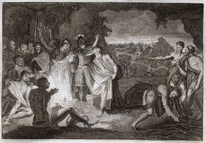 Bibbia di Royaumont, Nuovo Testamento: Naufragio di San Paolo. Viene morso da una vipera senza subire alcun danno. Illustrazione del 1811. da Unknown artist