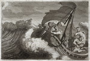 Bibbia di Royaumont, Nuovo Testamento: Tempesta placata. Gli apostoli sono sorpresi da una tempesta, svegliano Gesù Cristo che dormiva nella loro nave, e lui calma anche il Mare di Galilea. Illustrazione del 1811. da Unknown artist