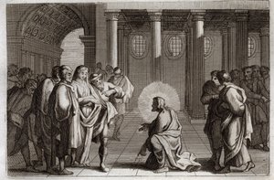 Bibbia di Royaumont, Nuovo Testamento: La donna adultera. Gesù Cristo si sottrae divinamente alle trappole che i Giudei gli tendono, chiedendogli cosa fare di una donna sorpresa in adulterio, dicendo: "Chi di voi è senza peccato scagli la prima pietra". Il