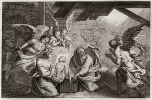 Bibbia di Royaumont, Nuovo Testamento: La Natività. Gesù Cristo nasce dalla Beata Vergine Maria in una stalla a Betlemme. Illustrazione del 1811