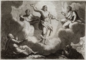 Bibbia di Royaumont, Nuovo Testamento: La Trasfigurazione di Gesù Cristo. Cristo circonda Mosè ed Elia con sotto l