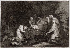 Bibbia di Royaumont, Nuovo Testamento: Sepolcro. Sepolcro di Gesù Cristo. Tra i personaggi che circondano il corpo di Gesù Cristo: la Vergine Maria, San Nicodemo, San Giuseppe d