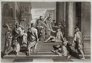 Bibbia di Royaumont, Nuovo Testamento: Guarigione del paralitico. San Pietro, accompagnato da San Giovanni, guarisce miracolosamente un paralitico a Gerusalemme. Illustrazione del 1811.