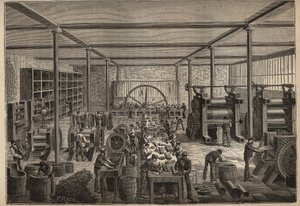 Gomma: fabbrica di gomma. Incisione del 1885 in 