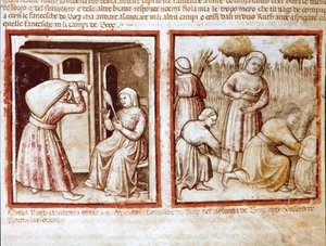 Ruth e Noemi (Naomi, Noemie) che lavorano nei campi di Boaz (Booz) Miniatura dal codice 212 (o codice padovano o Bibbia di Padova) 1390-1400 Rovigo, Accademia dei Concordi da Unknown artist