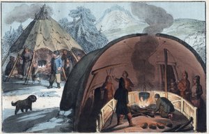 Famiglia Sami in una tenda in Lapponia - Interno di una capanna lappone con una famiglia intorno al fuoco - incisione da "Usi e Costumi di Tutti i Popoli dell