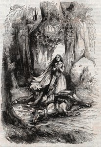 Sacripante disarcionato in presenza di Angelica - incisione del 1851 da "Orlando furioso" (XVI secolo) di Ludovico Ariosto, noto come l