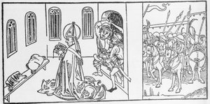 San Lamberto. Incisione da “Leben der Heiligen - sommerteil” (Il libro dei santi) di Jacobus (Giacomo) da Varagine (1228-1298). Lubecca 1488.