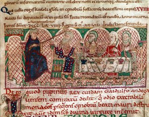 San Mauro (512-584) fondatore del monastero di Flanfeuil (San Mauro) in Angiò è ricevuto alla tavola di Gaidulfo di Ravenna, persecutore dei monaci e lo punisce Miniatura da Vita e Miracoli di San Mauro (ms 2273) 1100-1140 Biblioteca Municipale da Unknown artist