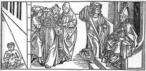 San Severino. Incisione da Leben der Heiligen - sommerteil (Il libro dei santi) di Jacobus (Giacomo) da Varagine (1228-1298). Lubecca 1488