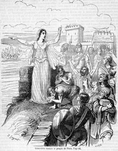 Santa Genoveffa, organizza la difesa di Parigi contro le orde di Attila e rassicura il popolo di Parigi - in "Histoire de France" di Anquetil da Unknown artist