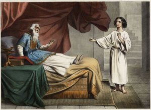 Samuele, che sente la voce del Signore chiamarlo nel mezzo della notte, pensa che sia il suo mentore, il sommo sacerdote Eli. Incisione anonima della metà del XIX secolo da Unknown artist