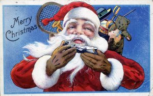 Babbo Natale e il suo cappuccio di giocattoli - Cartolina americana, fine XIX secolo