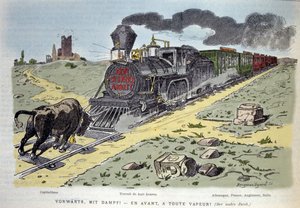 Vignetta satirica allegorica: il toro simbolo del capitalismo cerca di fermare il treno della riforma del lavoro. Ogni vagone è destinato a un paese: Germania, Francia, Inghilterra, Italia 1897