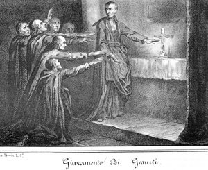Scena che raffigura i Gesuiti che prestano giuramento. Incisione della fine del XIX secolo. da Unknown artist