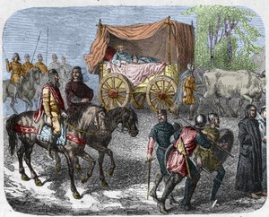 Scena che raffigura i re pigri: il re di Francia Thierry III (673-691) trasportato in un carro con un letto trainato da buoi. da Unknown artist
