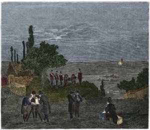 Esperimento scientifico: il calcolo della velocità del suono, da Humboldt, Louis-Joseph Gay-Lussac, Bouvard, Prony e Mathieu, che determinano il tempo trascorso tra la percezione della luce e quella di un colpo di cannone, nella notte da Unknown artist